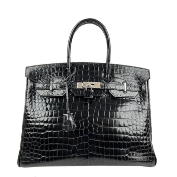 Hermes Shiny Porosus Crocodile Skin Birkin 35 w Palladium HW in Noir or Black - Picture 2 of 13